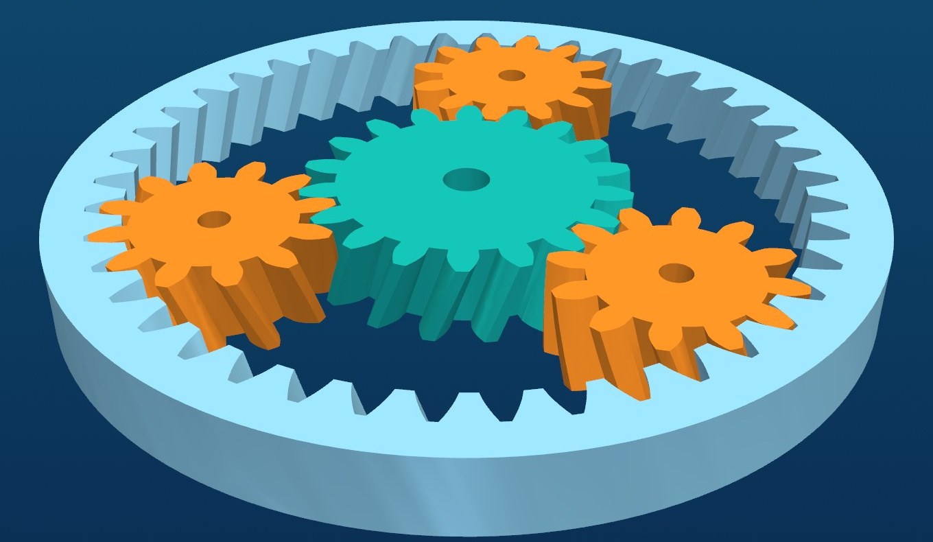 A planetary gear set with a sun gear, three planet gears and a ring gear, generated in OpenPara