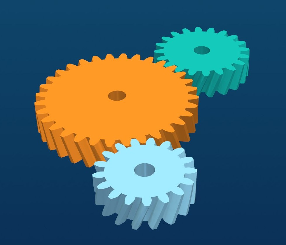 A train of three helical gears generated in OpenPara